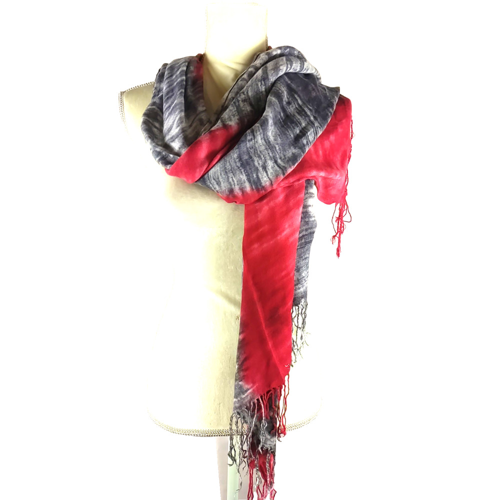 Rectangle Scarf Large 64 X 26 Fringe Gray Pink Stripe Made In India